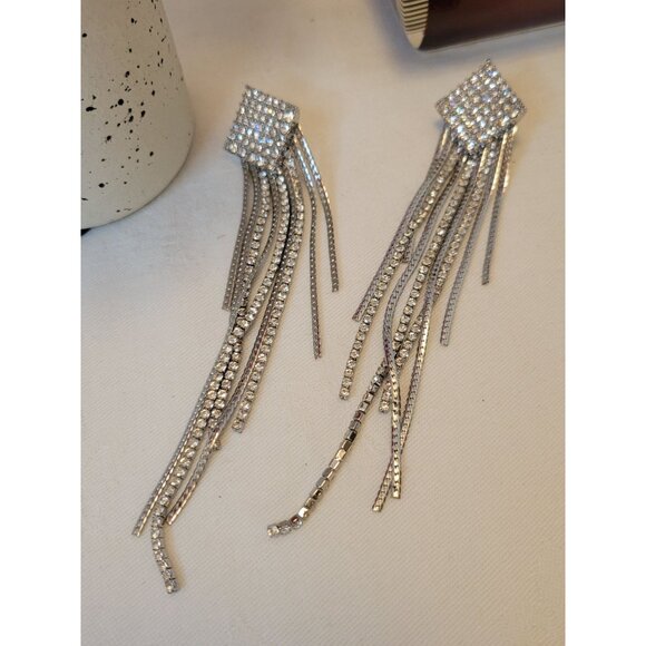 Rhinestone Statement Dangle Earrings With Long Tassels Wedding Boho Fringe 5" - Picture 6 of 6